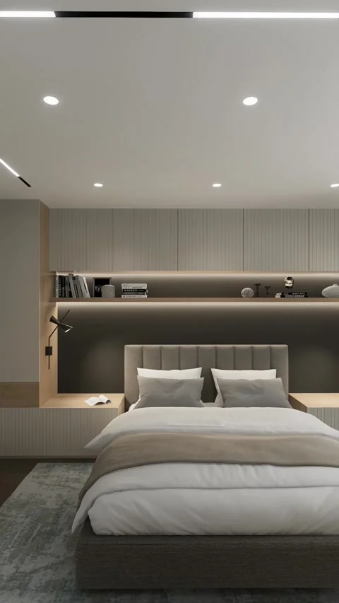 3D rendering. The camera flies around the bedroom in a minimalist style. Stock Footage 273583257