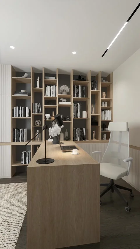 3D rendering. The camera flies around the workplace in a minimalist apartment Stock Footage 273583268