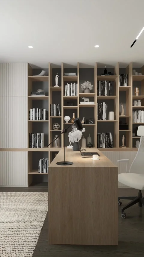 3D rendering. The camera flies around the workplace in a minimalist apartment Stock Footage 273583270