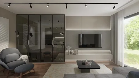 3D-rendering. The camera flies over a modern studio apartment. Stock Footage 263034449