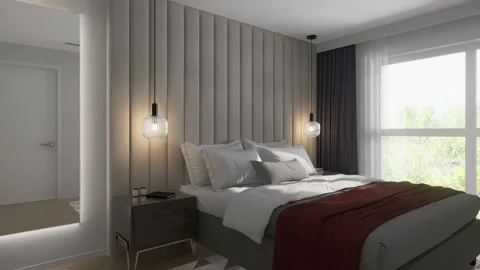 3D-rendering. The camera flies through the bedroom in a modern style. Stock Footage 237526959