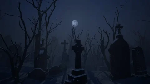 3D-rendering. Camera fly over an old abandoned cemetery under a full moon. Stock Footage 241084134