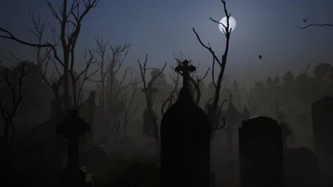 3D-rendering. Camera fly over an old abandoned cemetery under a full moon. Stock Footage 241084137