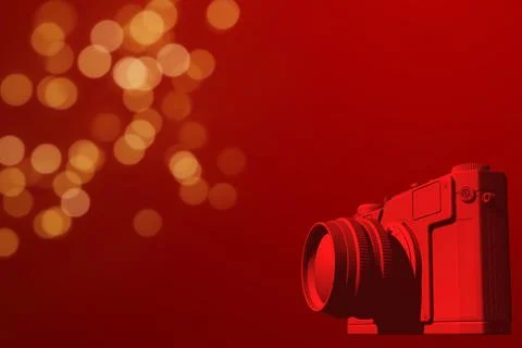 3D rendering of a camera isolated on red and bokeh lights background Stock Illustration