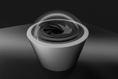 3d rendering, camera lens in a dark studio background Illustrazione stock