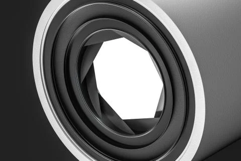 3d rendering, camera lens in a dark studio background Illustrazione stock
