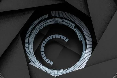 3d rendering, camera lens in a dark studio background Illustrazione stock