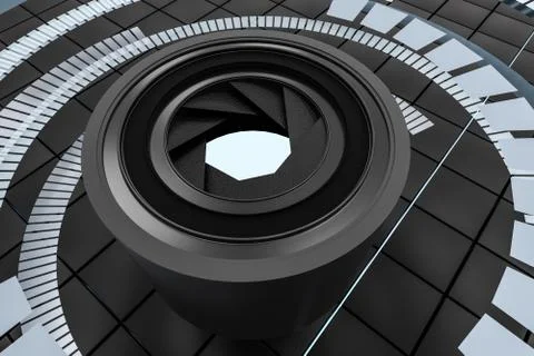 3d rendering, camera lens in a dark studio background Illustrazione stock