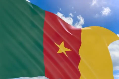 3D rendering of Cameroon flag waving on blue sky background Stock Photos