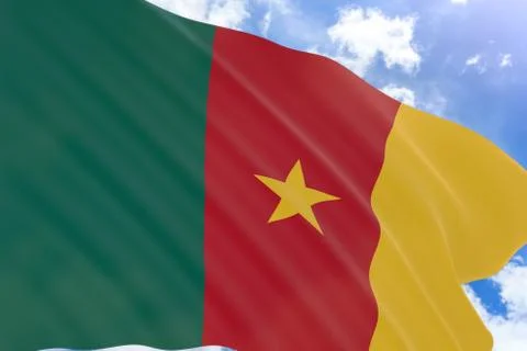 3D rendering of Cameroon flag waving on blue sky background Foto stock