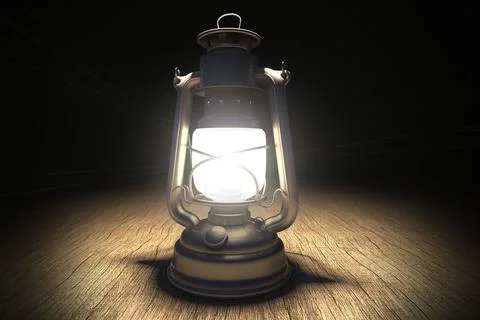 3D rendering of a camping lantern on a wood table at night Illustrazione stock