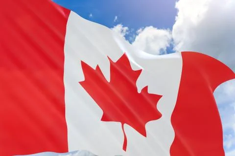 3D rendering of Canada flag waving on blue sky background Stock Photos