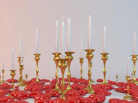 3d rendering of candles with red reflective hearts Stock Illustration