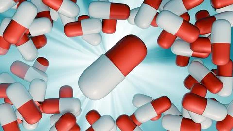 A 3d rendering of capsule pills illuminated by soft rays of light Stock Illustration