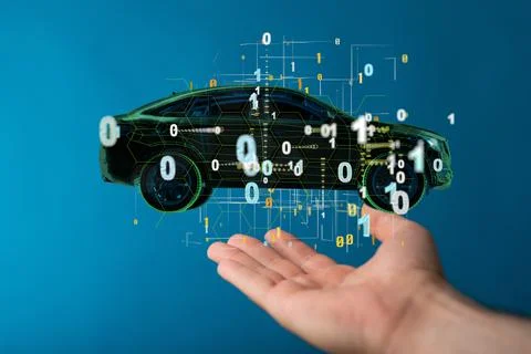 A 3d rendering of a car and binary number system in the real hand palm with a Stock Photos