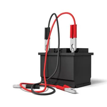 3d rendering of a car battery with red and black battery clamps connected to it Illustrazione stock
