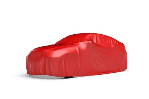 3d rendering of a car covered by red cloth in 45 degrees view Stock Illustration