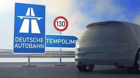 3D rendering of a car at a freeway and German street signs against a cloudy s Illustrazione stock