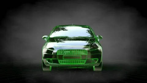 3d rendering of a car with green outlined stroke on a balck background Stock Illustration
