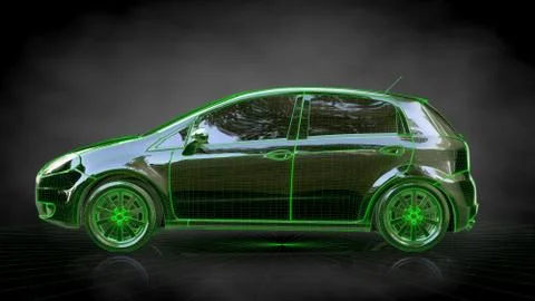 3d rendering of a car with green outlined stroke on a balck background Stock Illustration