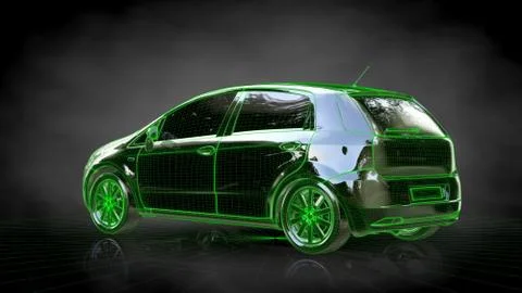 3d rendering of a car with green outlined stroke on a balck background Stock Illustration
