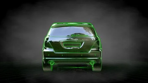 3d rendering of a car with green outlined stroke on a balck background Stock Illustration