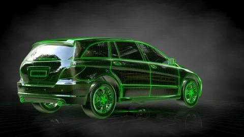 3d rendering of a car with green outlined stroke on a balck background Stock Illustration