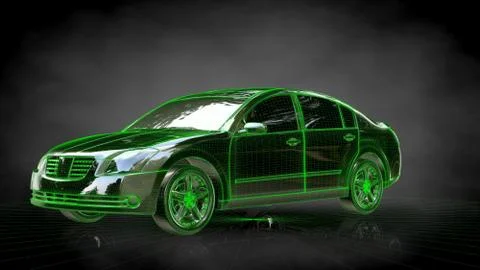 3d rendering of a car with green outlined stroke on a balck background Stock Illustration