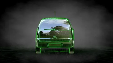 3d rendering of a car with green outlined stroke on a balck background Stock Illustration