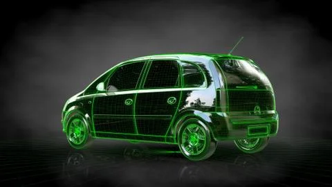 3d rendering of a car with green outlined stroke on a balck background Stock Illustration