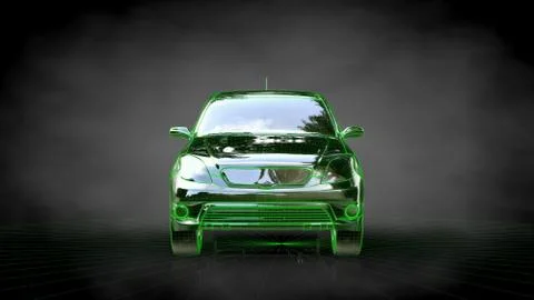 3d rendering of a car with green outlined stroke on a balck background Stock Illustration