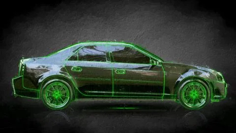3d rendering of a car with green outlined stroke on a balck background Stock Illustration