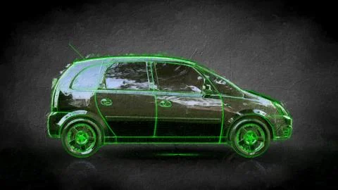 3d rendering of a car with green outlined stroke on a balck background Stock Illustration