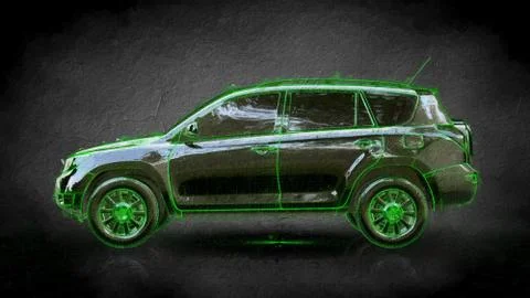 3d rendering of a car with green outlined stroke on a balck background Stock Illustration