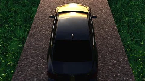 3D rendering car moves on asphalt road with green grass. Computer generated Stock Illustration