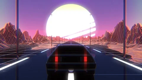 3D Rendering Of Car Riding Loop Animation Outrun Sunset Stock Footage 171289517