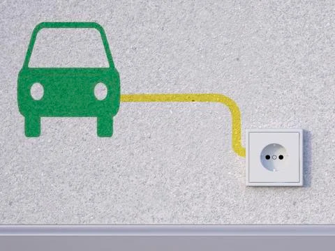 3D Rendering, car symbol next to socket in wall Illustrazione stock