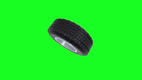 3D rendering of a car tire spinning against a bright green background Stock Footage 297584346