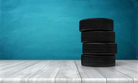 3d rendering of a car tires standing on a wooden surface in front of blue Stock-Illustration