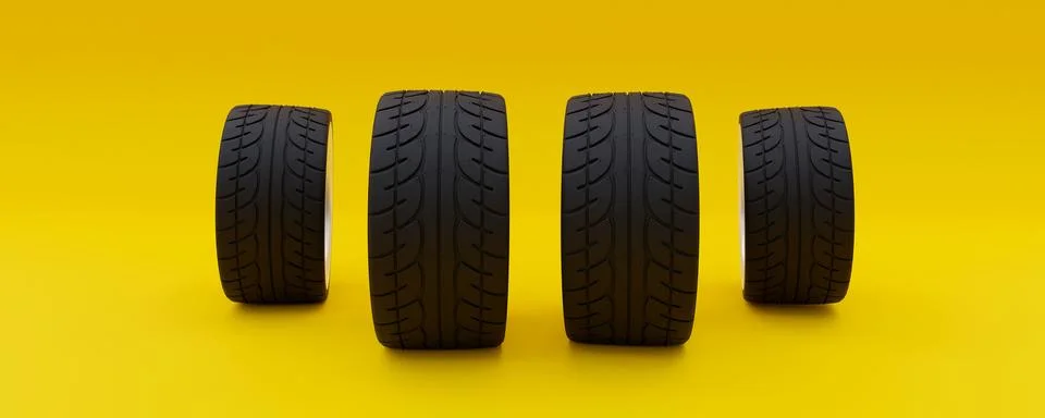 3D rendering of car wheels isolated on a yellow background Stock Illustration
