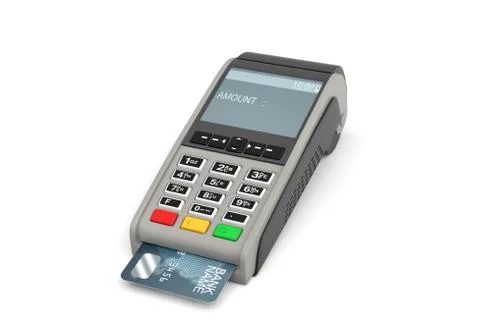 3d rendering of a card payment terminal with a sticking plastic card inside on Stock Illustration