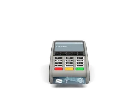 3d rendering of a card payment terminal with a sticking plastic card inside on Stock Illustration