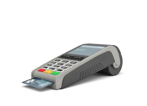 3d rendering of a card payment terminal with a sticking plastic card inside on Stock Illustration