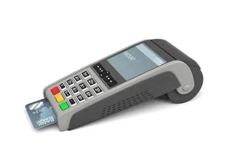 3d rendering of a card payment terminal with a sticking plastic card inside on Stock Illustration