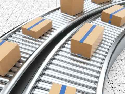 3d rendering of Cardboard boxes on a conveyor belt Illustrazione stock