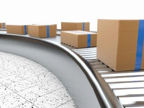 3d rendering of Cardboard boxes on a conveyor belt Illustrazione stock