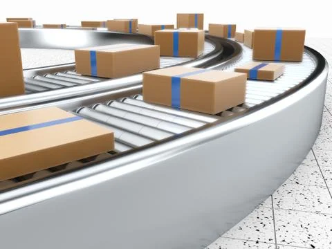 3d rendering of Cardboard boxes on a conveyor belt Stock Illustration