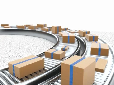 3d rendering of Cardboard boxes on a conveyor belt 스톡 일러스트