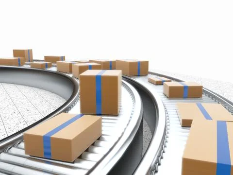 3d rendering of Cardboard boxes on a conveyor belt 스톡 일러스트