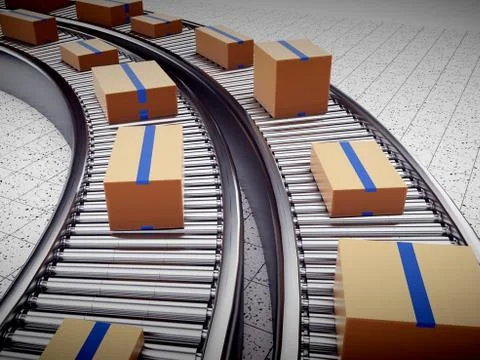 3d rendering of Cardboard boxes on a conveyor belt Stock Illustration